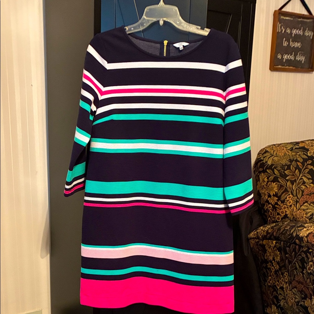 Crown and Ivy Navy Shift Dress with Pink, Teal & White Stripes